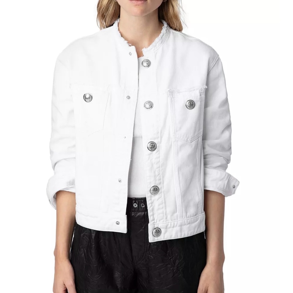 NEW ZADIG & VOLTAIRE Women’s Kaely Destroy Denim Jacket Size S Judo White